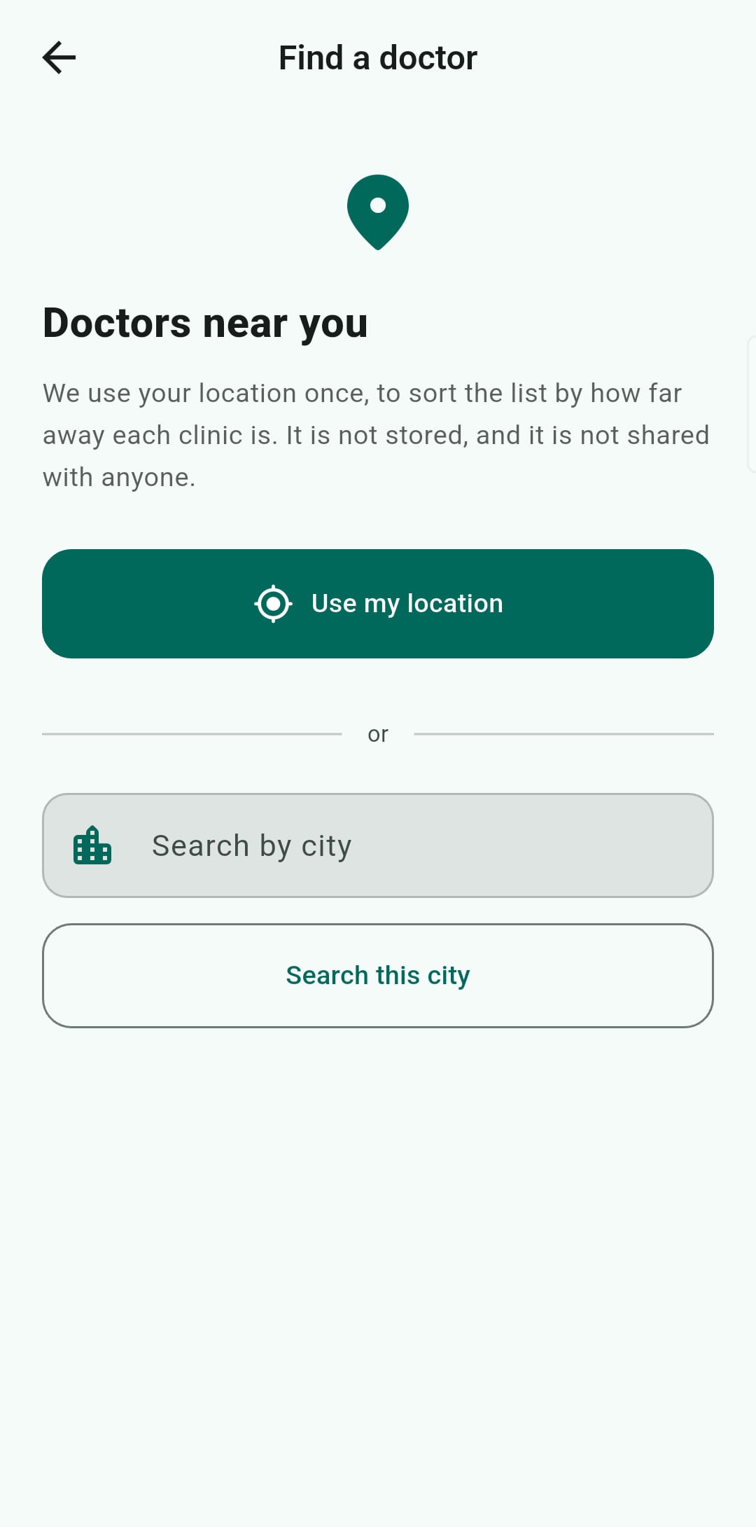 The Find a doctor screen, explaining that Glycoz uses your location once to sort clinics by distance, that it is not stored, and that it is not shared with anyone.