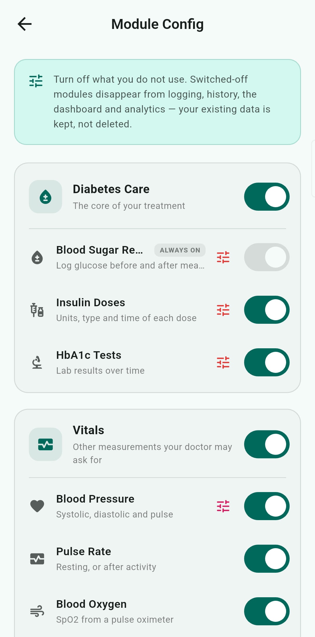 Module config: a note that switched-off modules disappear from logging, history, the dashboard and analytics while existing data is kept, then a Diabetes Care group with blood sugar marked ALWAYS ON and locked, insulin doses and HbA1c tests switchable, and a Vitals group with blood pressure, pulse rate and blood oxygen.