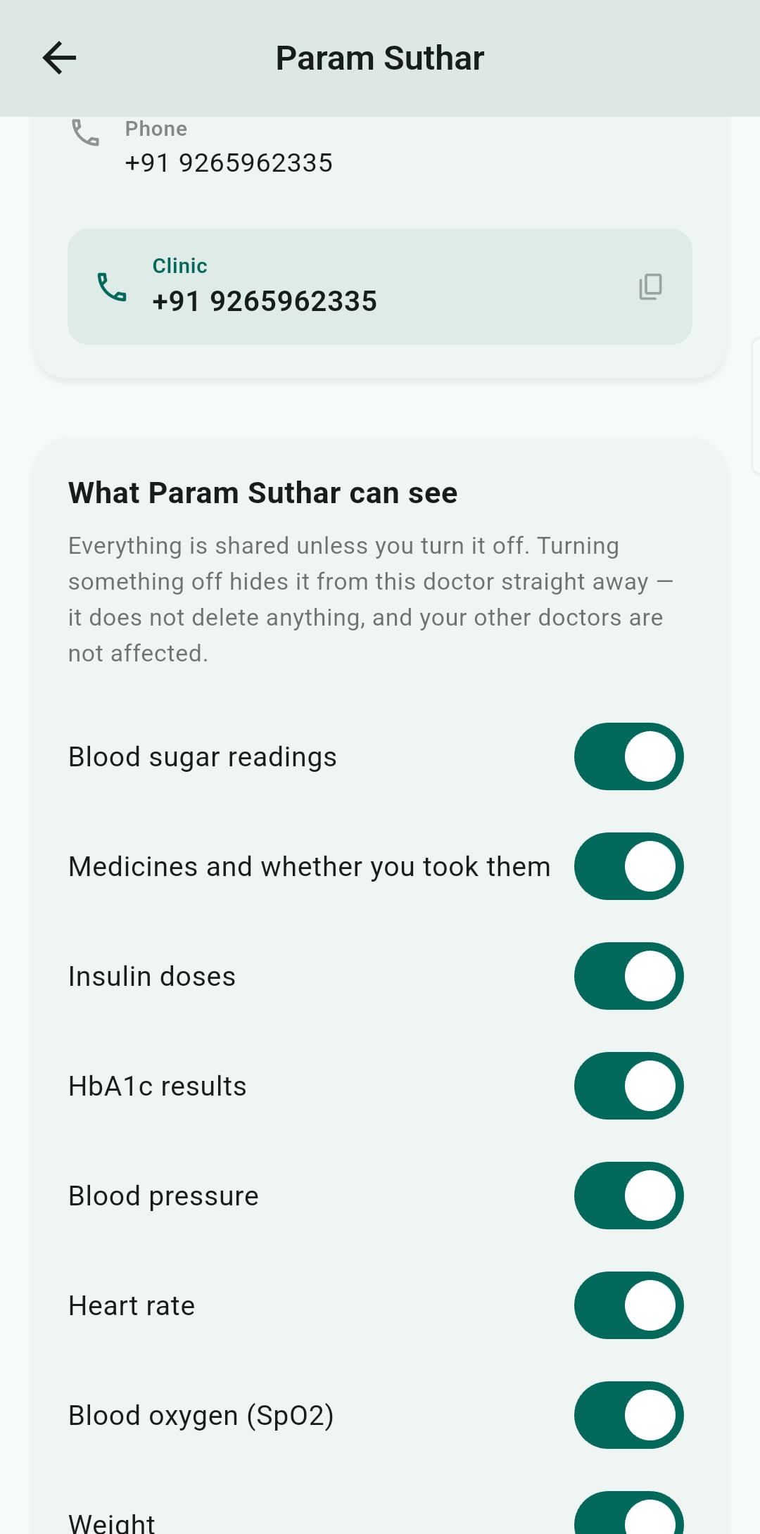 The sharing screen headed “What Param Suthar can see”, saying everything is shared unless you turn it off and that turning something off hides it from this doctor straight away without deleting anything or affecting other doctors, above separate switches for blood sugar readings, medicines, insulin doses, HbA1c results, blood pressure, heart rate and blood oxygen.
